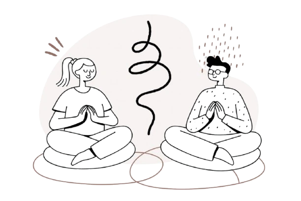 Illustration de deux personnes en relaxation, pratiquant la sophrologie et la respiration pour le bien-être